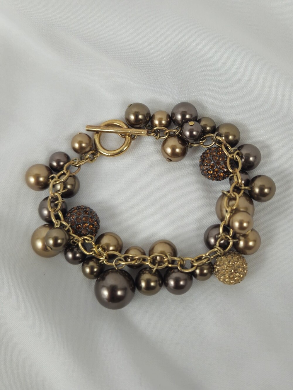Carolee Toggle Bracelet with Brown Crystals and Pearl Bauble Beads